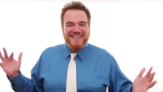 Happy talkative millennial businessman