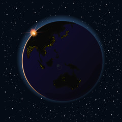 Earth sunrise vector illustration. Asia and Australia night from space.