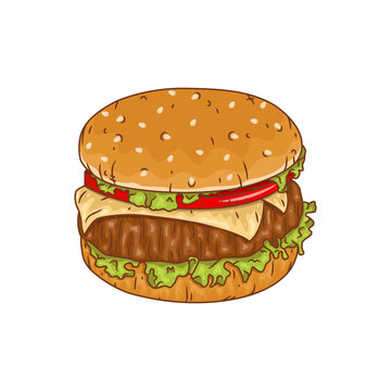 Vector drawing of hamburger in cartoon style. Vector illustration