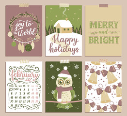  collection of Christmas poster templates. Christmas set of greeting cards. Bright colors, cute owl and hand written lettering for your invitation and design.