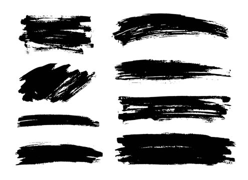 Set of black paint, ink brush strokes, brushes, lines. Dirty artistic design elements, boxes, frames, backgrounds.