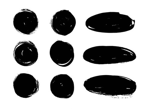 Set of black paint, ink brush strokes, circles, ovals. Dirty artistic design elements, boxes, frames, backgrounds.