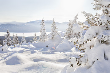 Fototapeta na wymiar View from mountain range Zyuratkul, winter landscape