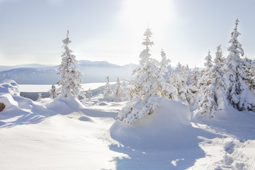 View from mountain range Zyuratkul, winter landscape