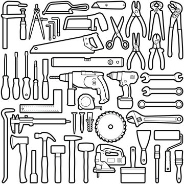 Construction tool collection - outline illustration