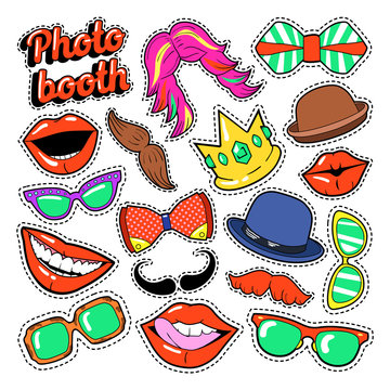 Photo Booth Party Set with Glasses, Mustache, Hats and Lips for Stickers and Props. Vector Doodle