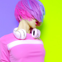 Vanilla DJ Lady. Minimal pop art style. Fashion colors. Sweet party