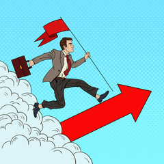 Pop Art Successful Businessman with Flag Running to the Top. Business Motivation Leadership. Vector illustration