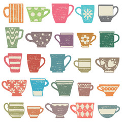 Colorful vintage scratched coffee cups and mugs icons - 132490282