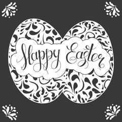 Vector easter greeting black and white  banner with happy easter lettering and patterned eggs
