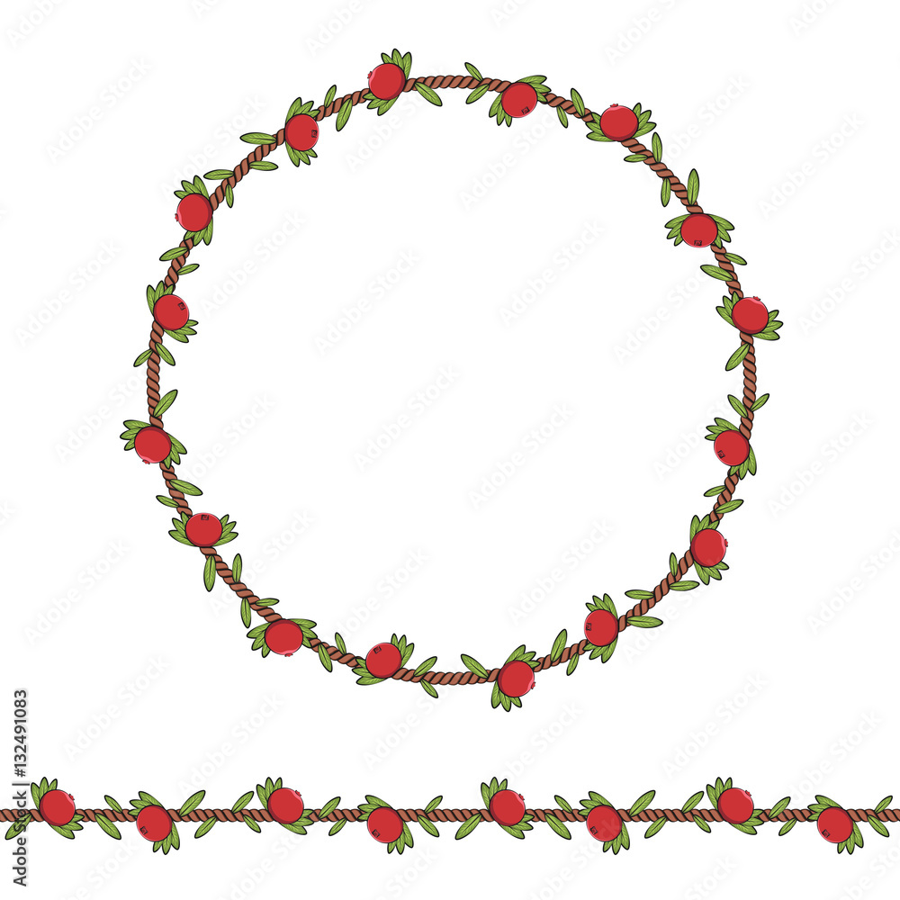 Aufkleber seamless pattern and frame of the cord with cranberries and leaves. isolated objects on white.