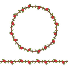 Seamless pattern and frame of the cord with cranberries and leaves. Isolated objects on white.