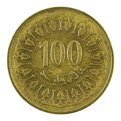 100 tunisian millimes coin (2013) isolated on white background