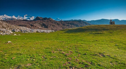 Beautiful mountain landscape with small lake in Picos de Europa, Spain