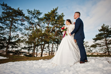 Amazing young wedding couple in love at winter day