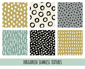 Set of seamless vector free hand doodle textures, dry brush ink art.