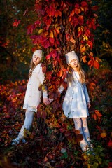 Twins leaning over the tree sith eyes closed. Shooting outdoors at sunset in autumn