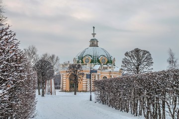 Moscow, Russia - January 7, 2017: The Grotto view in Kuskovo park in winter