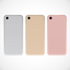 Silver, Golden and Rose Mobile Phones. Vector realistic illustration of back sides of three smartphones