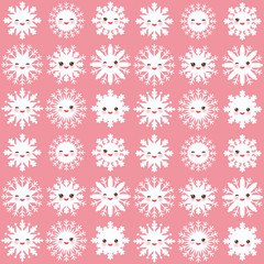 seamless pattern, Kawaii snowflake set white funny face with eyes and pink cheeks on light pink background. Vector