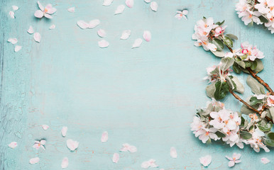 Springtime background with beautiful spring blossom in pastel color, top view, frame