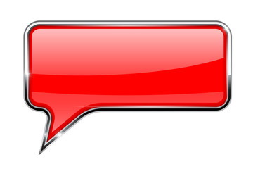 Square speech bubble. Red 3d icon with chrome frame