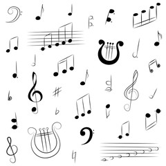 Hand Drawn Set of  Music Symbols.  Doodle Treble Clef, Bass Clef, Notes and Lyre. Vector Illustration.