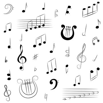 Hand Drawn Set of  Music Symbols.  Doodle Treble Clef, Bass Clef, Notes and Lyre. Vector Illustration.