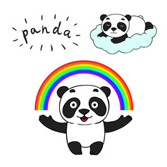 Doodle panda bear, isolated images for little kids. Panda lying on a cloud and under the rainbow. Cute smiling panda character.