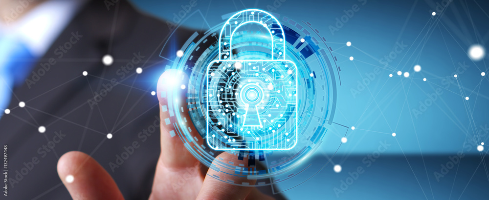 Aufkleber businessman using digital padlock to secure his datas 3d renderi