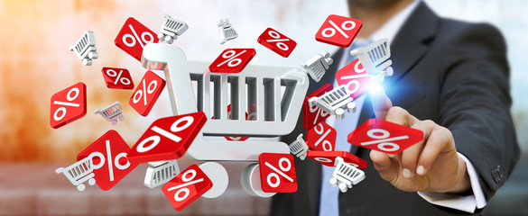 Businessman touching sales icons with his finger 3D rendering