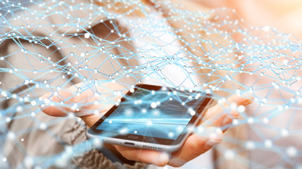 Businessman holding flying network dot over phone 3D rendering