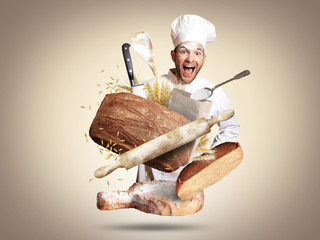 Bread freshly baked on Board with a bag of flour - obrazy, fototapety, plakaty