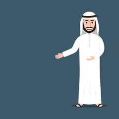 Happy cartoon arab man giving invitation gesture with hands