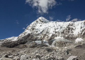 View of massif of the peak Pumo Ri (7165 m) from Khumbu glacier (Everest Base Camp) - Nepal, Himalayas