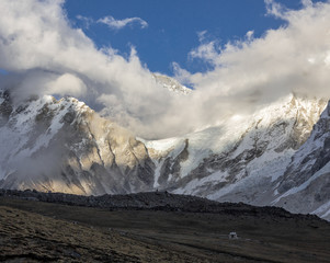 View of the top of tibetan peaks from the slope of the Kala Patthar - Everest region, Nepal,...