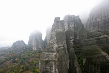 Landscape of the foggy mountains of Meteora, Greece