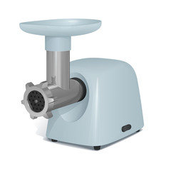 мясорубка электрическая со светло-серым пластиковым корпусом, лотком для мяса и металлической трубой, на белом фоне с тенью