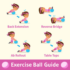 Cartoon set of a woman doing exercise ball step for health