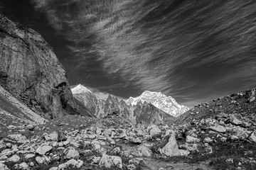 View of the Cho Oyu (8153 m) - Gokyo region, Nepal, Himalayas (black and white)