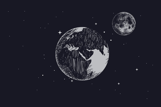 Earth with full moon in outer space