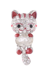 silver brooch kitten with gems  isolated on white