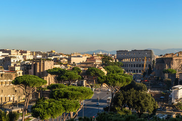 Fototapeta na wymiar Rome, Italy. View from Capitol Hill Colosseum and the Imperial Forum Street