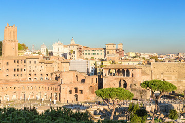 Fototapeta premium Rome, Italy. View from Capitol Hill to the Emperor Trajan's Market and the Forum of Augustus