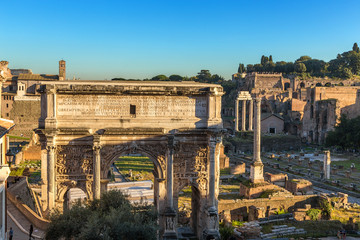 Rome, Italy. Arch of Septimius Severus (203) and the ruins of the Roman Forum