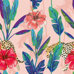 banana leaves hibiscus leopard seamless pattern pink palm backgr