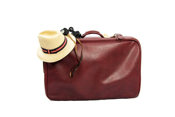 Old brown leather suitcase ready for travelling