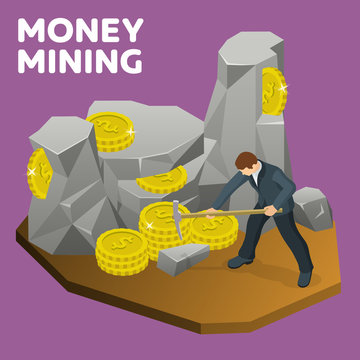 Money mining flat 3d isometric banner. Rock stone cartoon in isometric flat style. A man in a suit with a pickaxe to mine gold coins. Businessman seeking financial success. Vector illustration