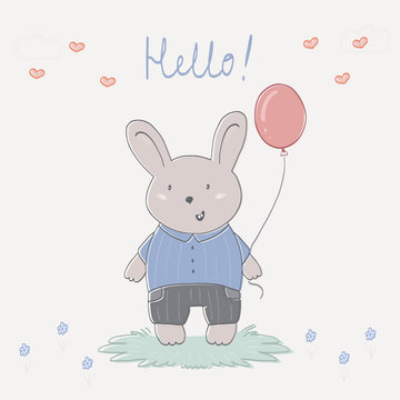 Hand drawn vector illustration of cute rabbit and balloon