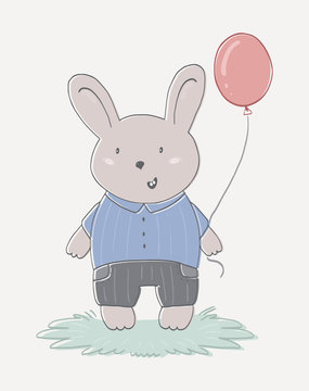 Hand drawn vector illustration of cute rabbit and balloon
